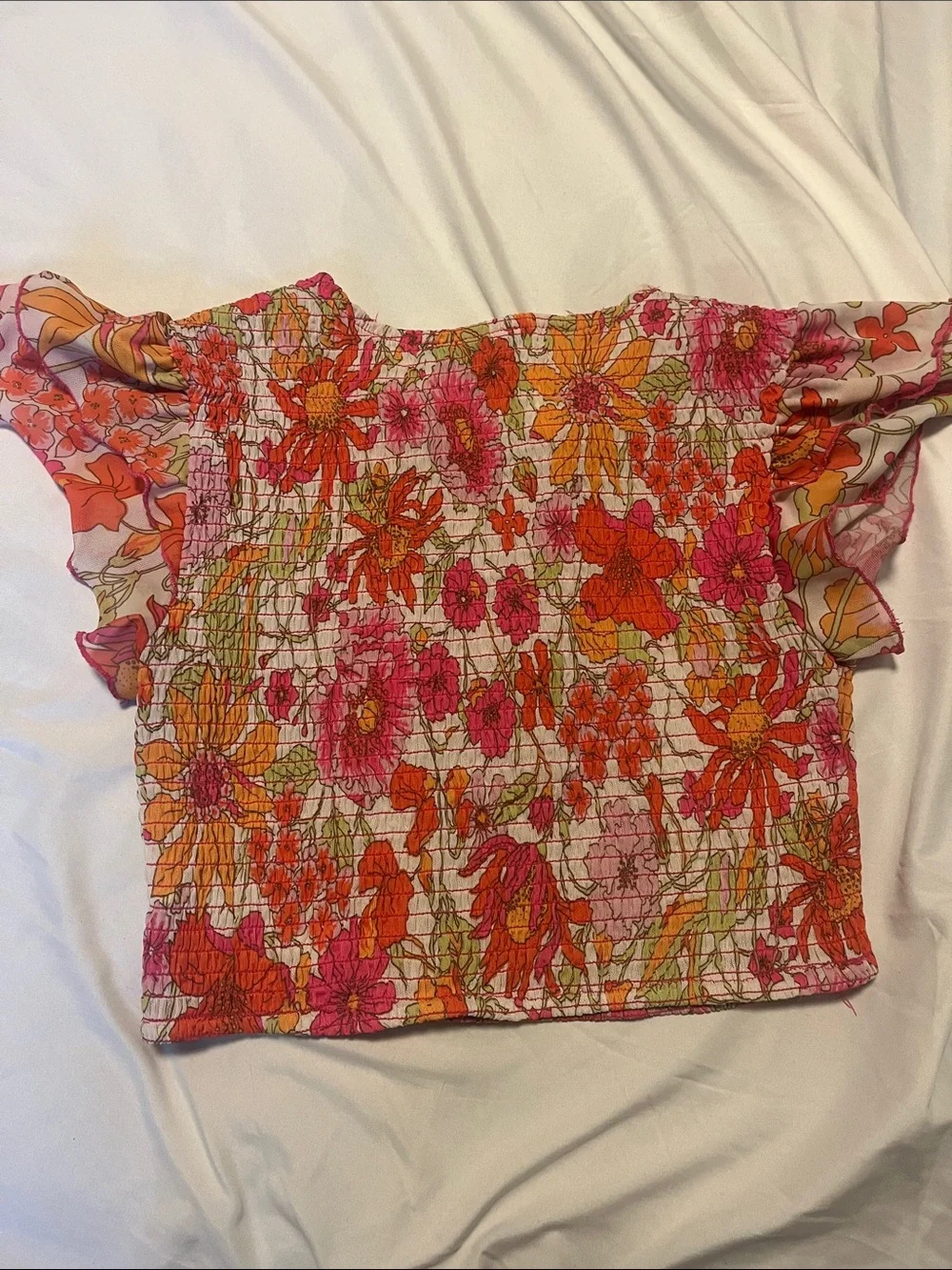 Forever 21 Pink & Orange Floral Smocked Crop Top with Flutter Sleeves